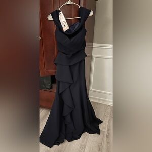 Dark Navy Mother of the Bride gown. Cascading ruffle down one side.